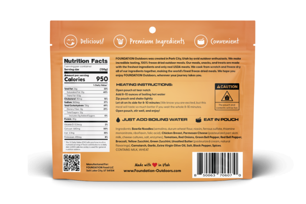 Picture of the back of an orange product pouch containing freeze dried Chicken Pasta Primavera Meal. Information contains nutrition label, ingredient statement, rehydration instructions, and product description.